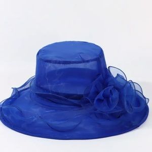 NWT Wide Brim Organza Hat Elegant KY DERBY Church Hat Flower Travel Easter BLUE